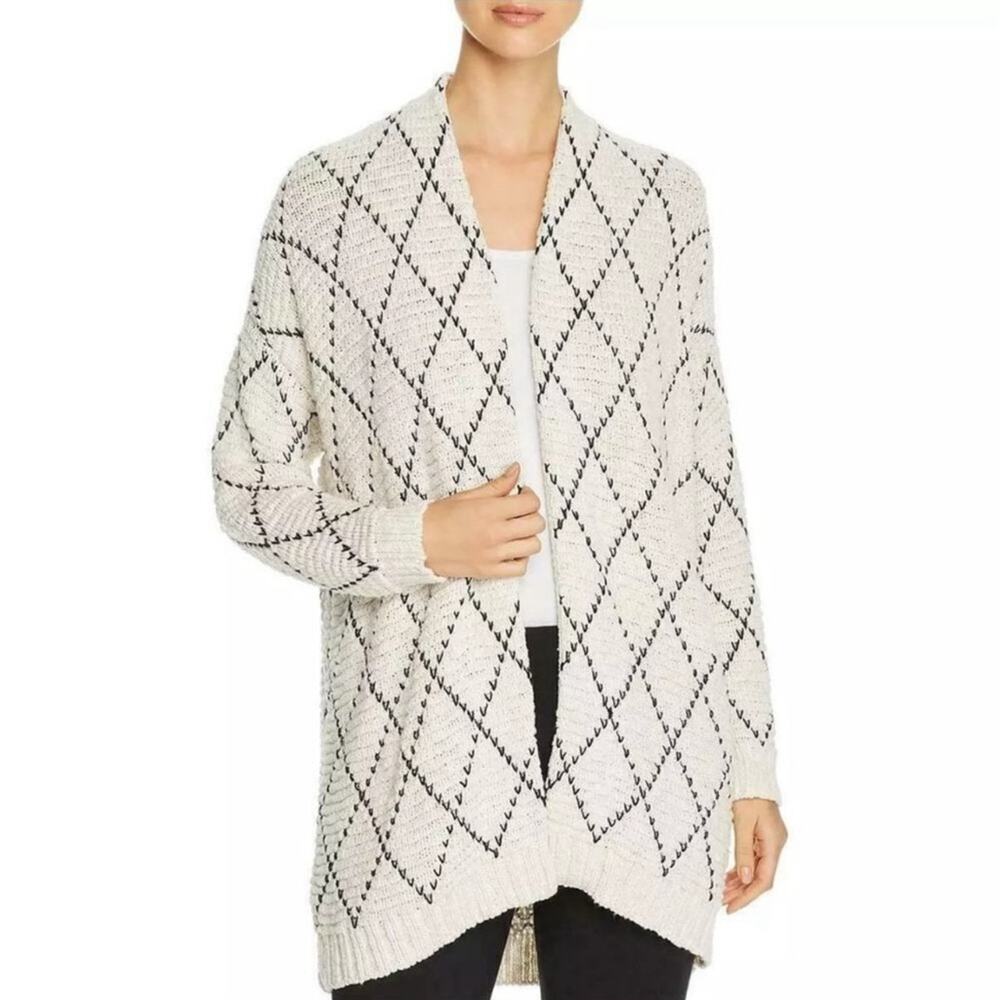 Eileen Fisher Diamond Kimono Cardigan L/XL Soft White and Black Organic Cotton - Picture 1 of 6